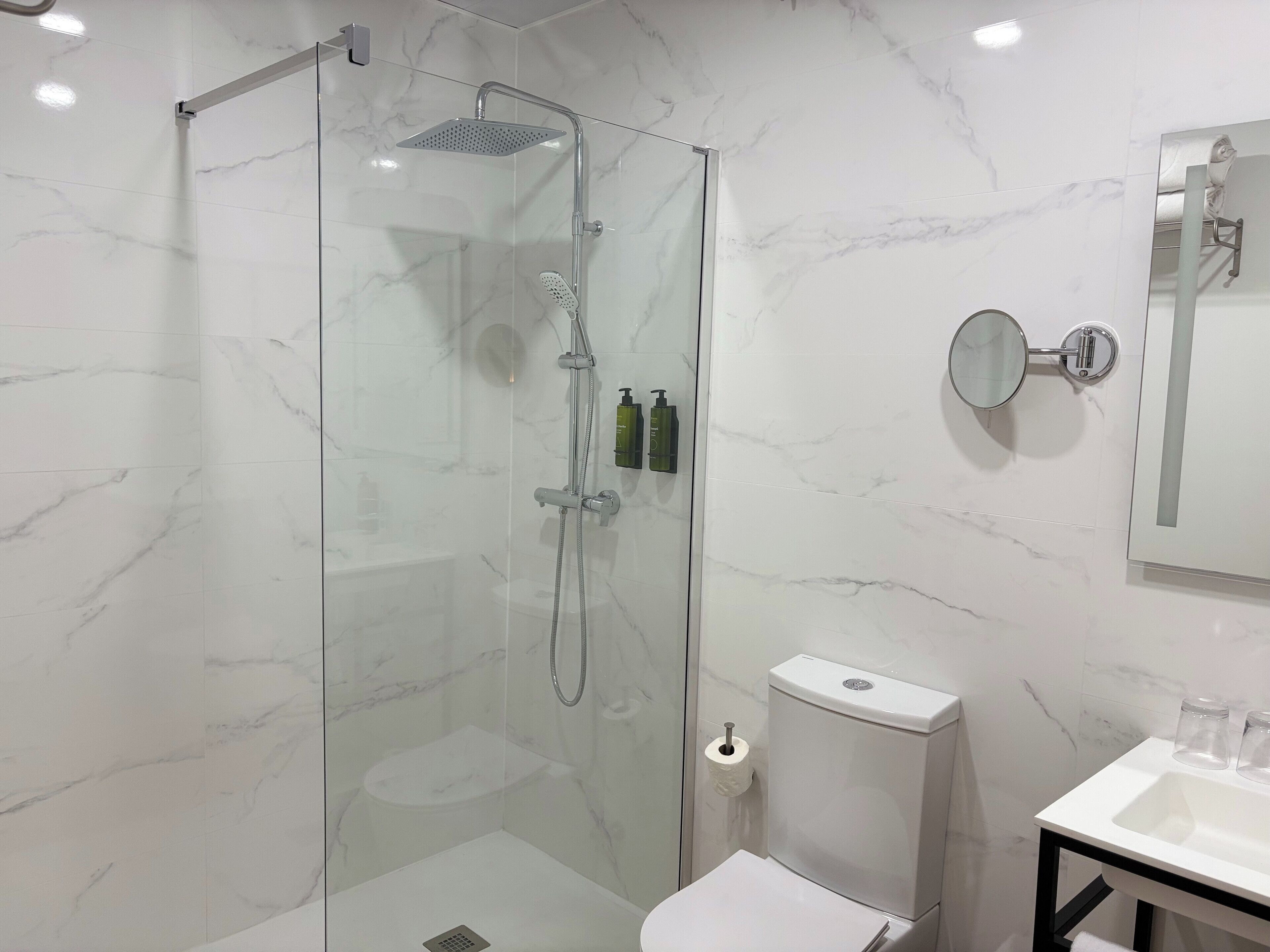 Shower, hair dryer, towels, toilet paper