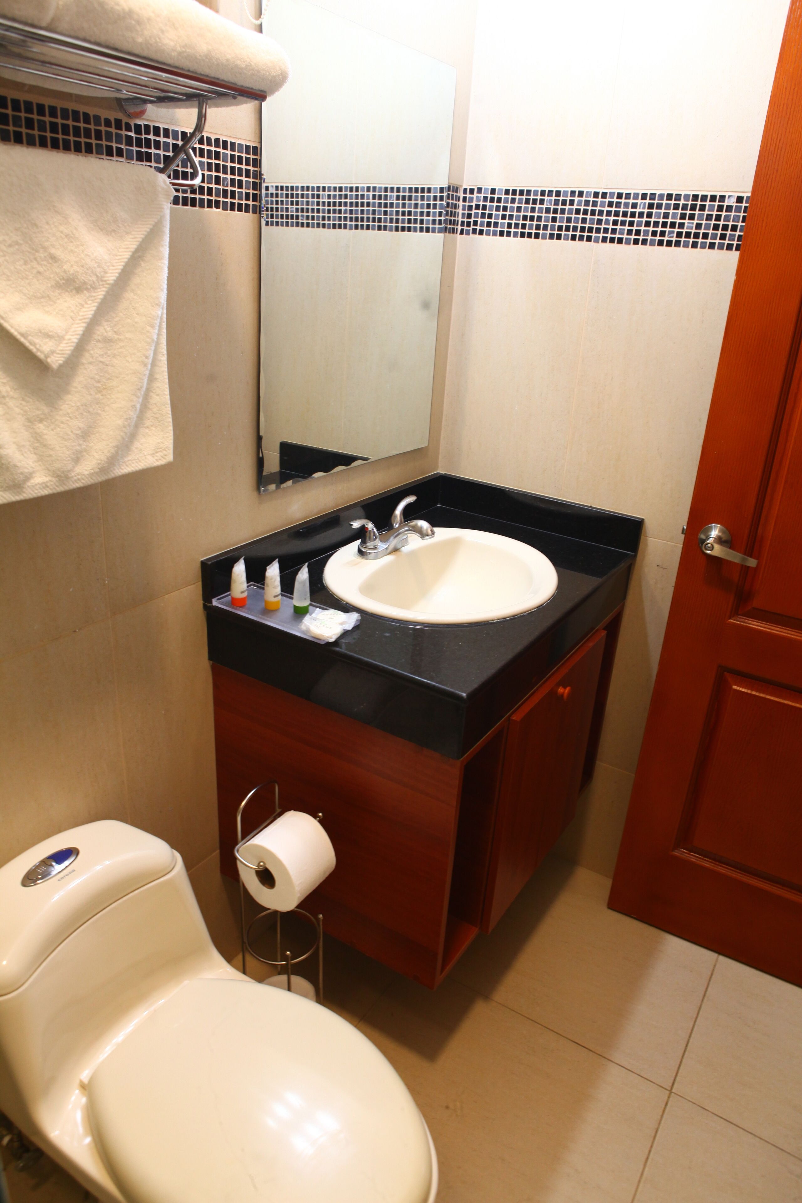 Un baño con inodoro, lavabo y espejo.
