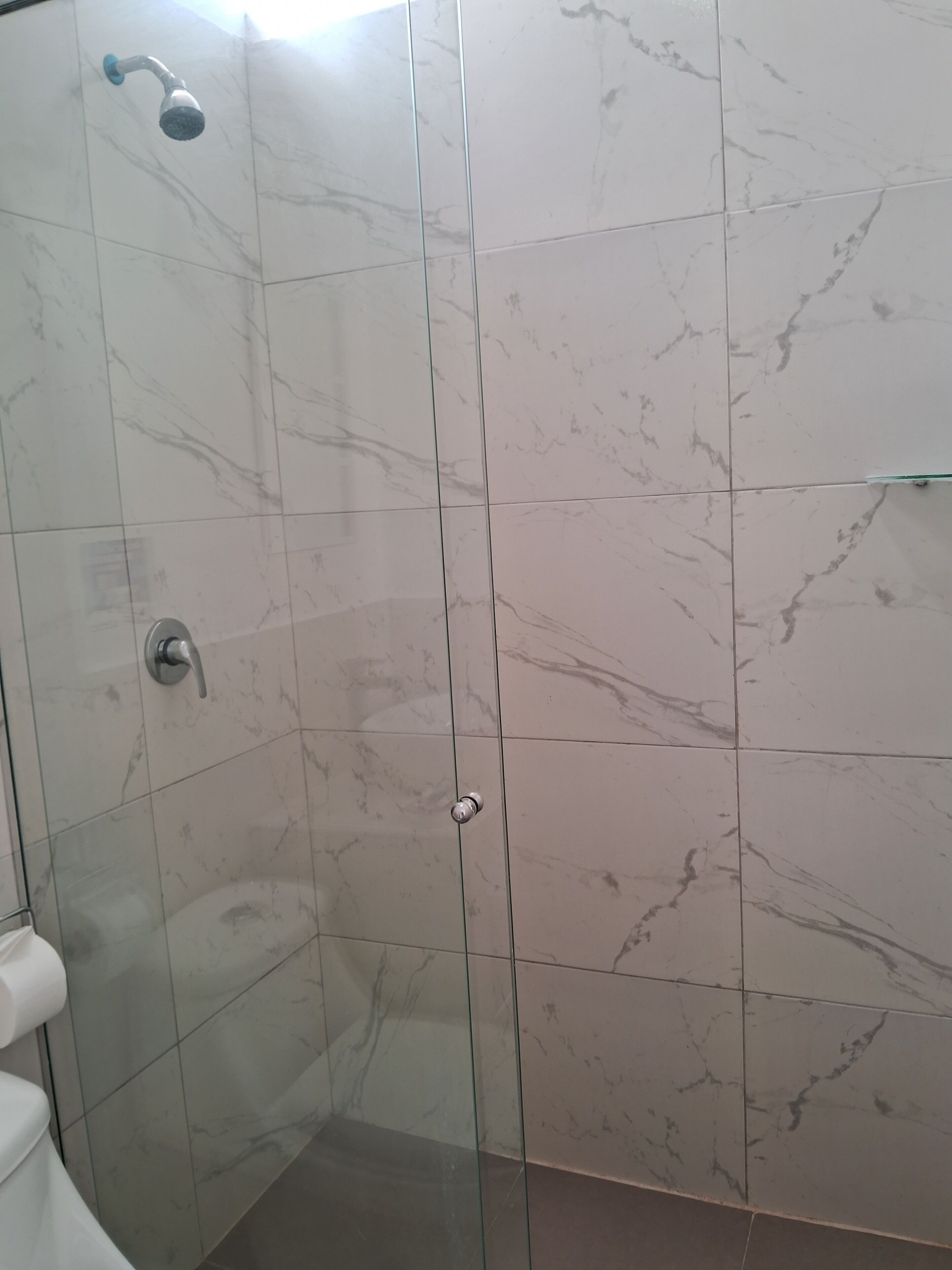 Regadera, toallas, jabón, shampoo 