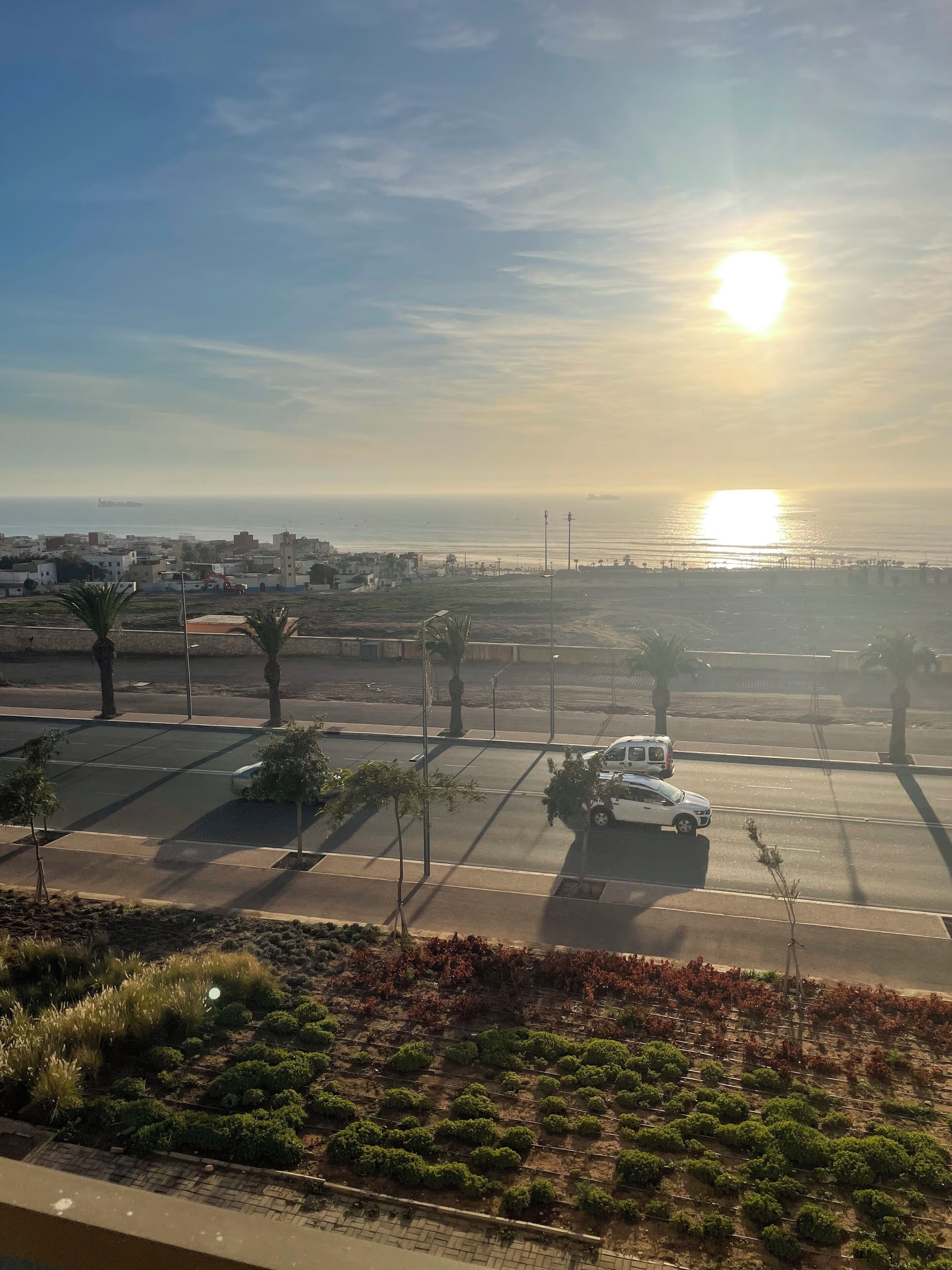 Un parcheggio con alcune auto, una strada con palme e vista sull'oceano al tramonto.