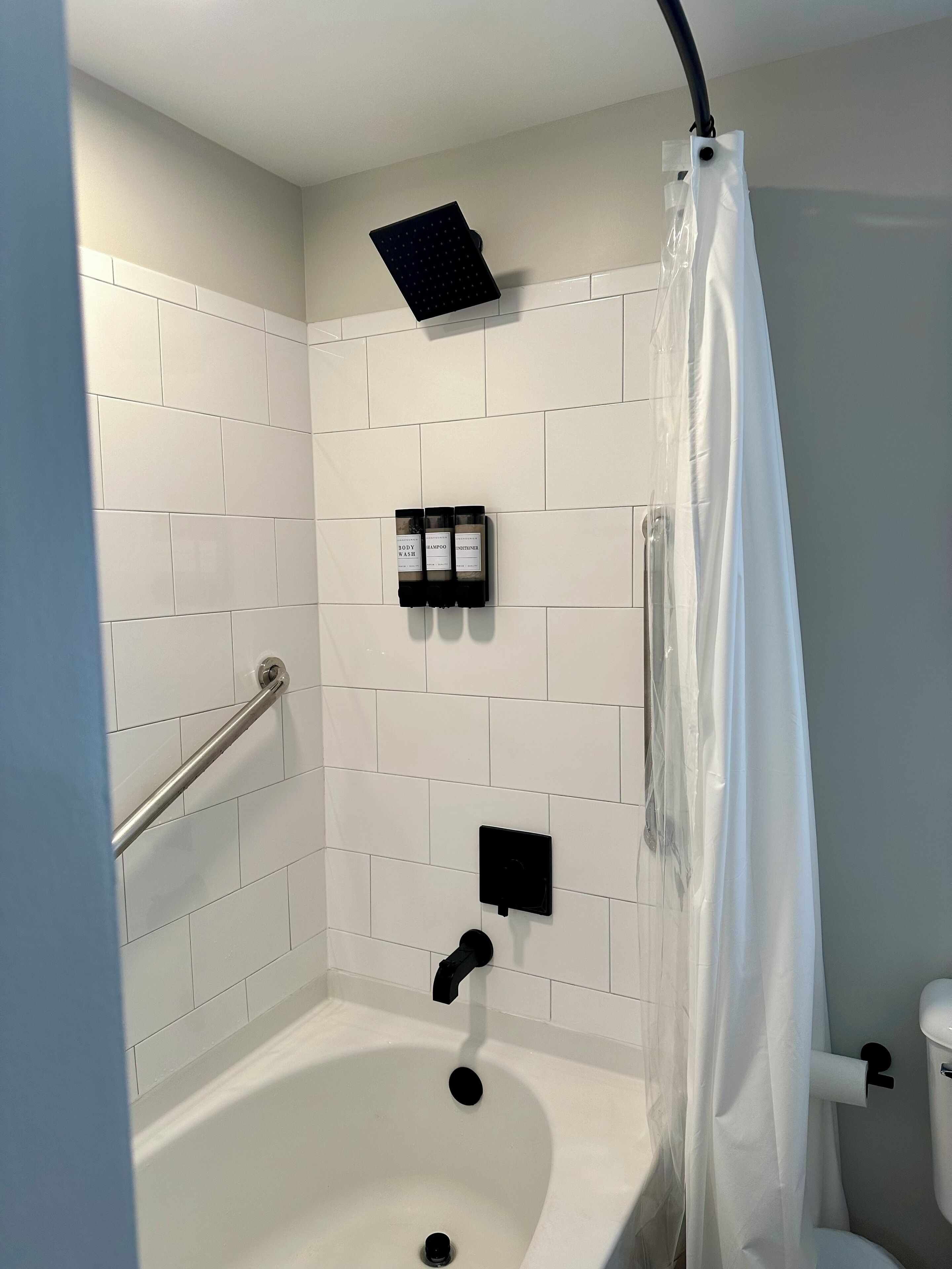 Hair dryer, towels, soap, shampoo