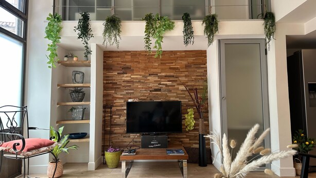 Een moderne woonkamer met een televisie, een houten wand, plantenbakken en een salontafel.