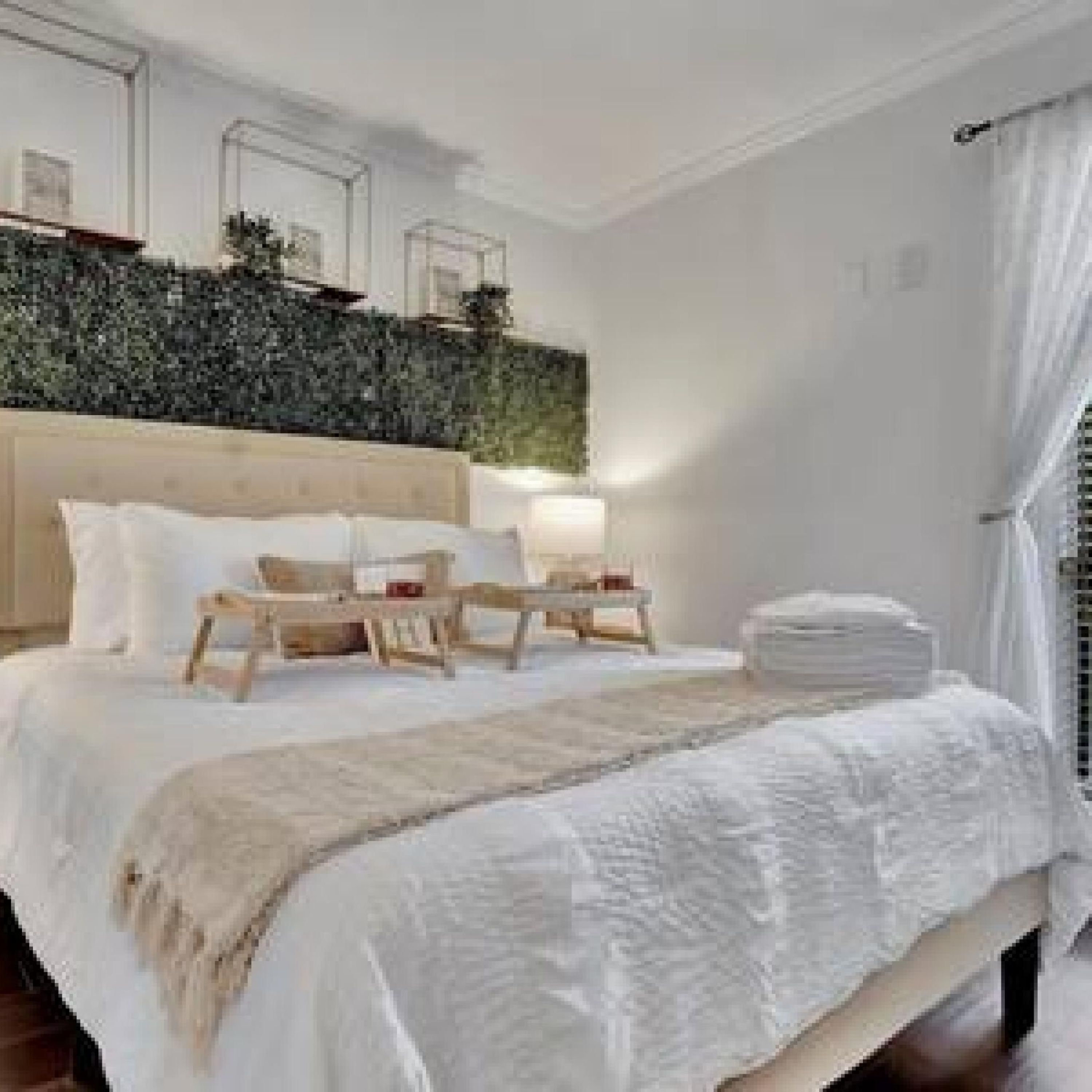 A neatly made bed with pillows and a blanket, a bedside table with a lamp, and a wall-mounted plant.