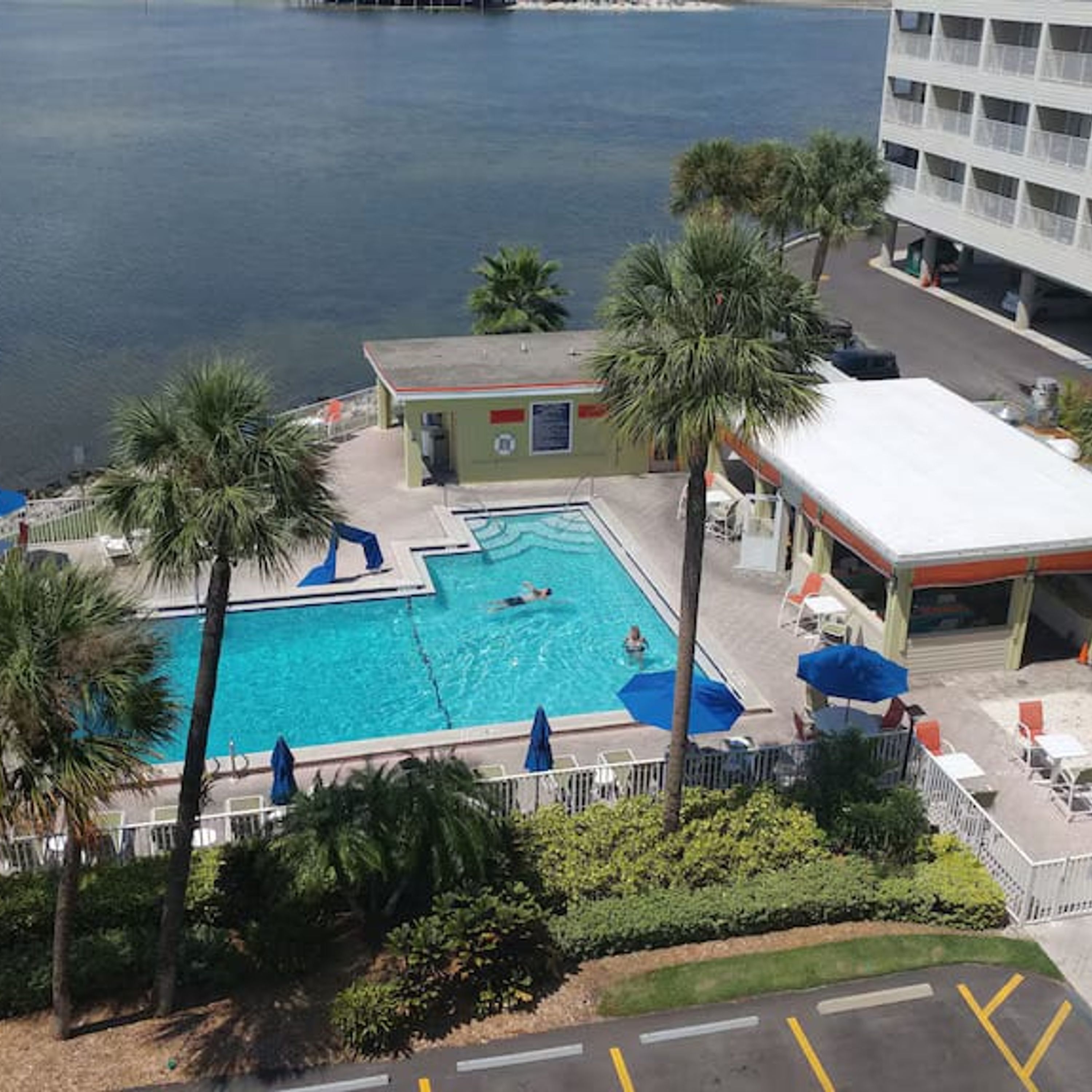 A swimming pool with palm trees, a lifeguard tower, and a building with a white roof.