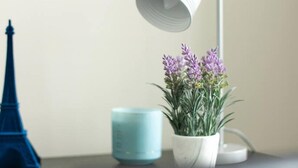 A desk with a white desk lamp, a small potted plant with purple flowers, a blue object resembling the Eiffel Tower, and a teal candle holder. - Spacious Perfect Location Moments Away From Pier (Brighton)