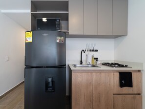 Apartment (203) | Private kitchen | Fridge, microwave, electric kettle, toaster