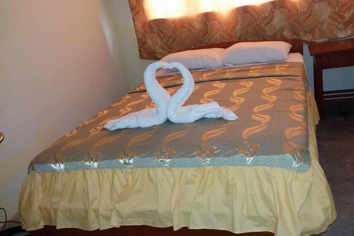 A neatly made bed with a decorative swan towel arrangement, a patterned headboard, and a small bedside table.