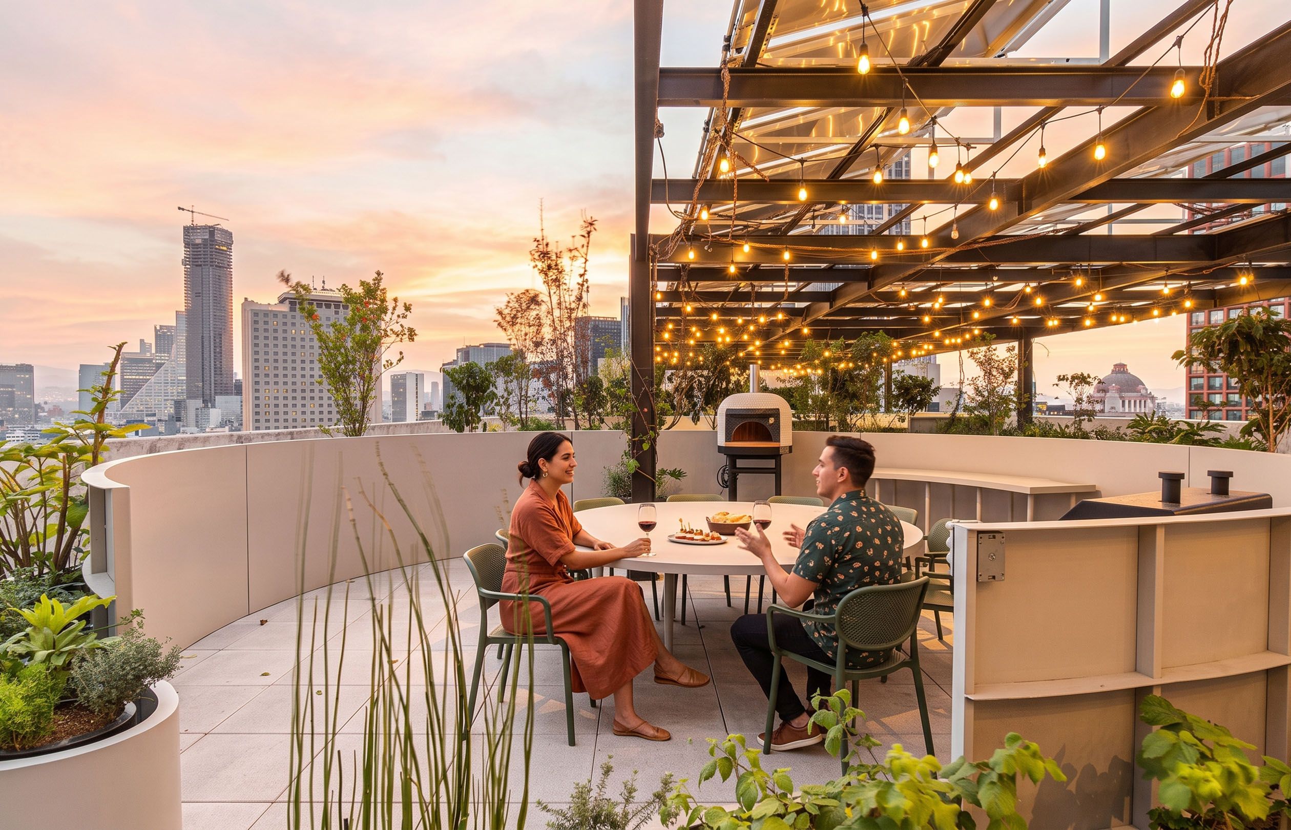 Un área de comedor en la azotea con vistas a la ciudad, mesas al aire libre y luces colgantes.