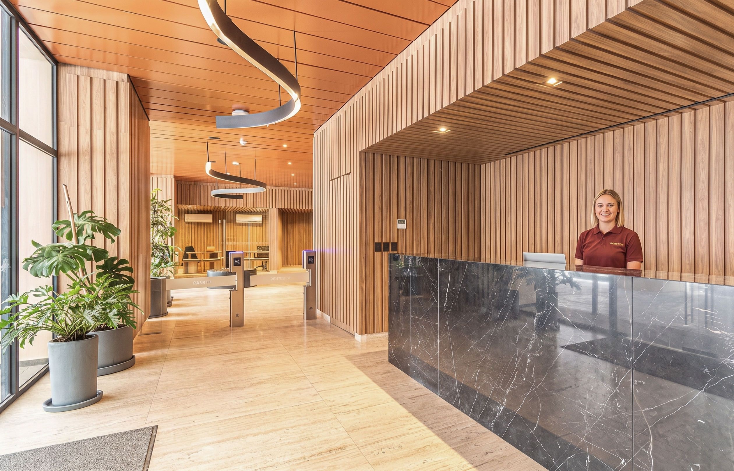 Zona de recepción de hotel con un mostrador de madera, una lámpara moderna y una barra de recepción.
