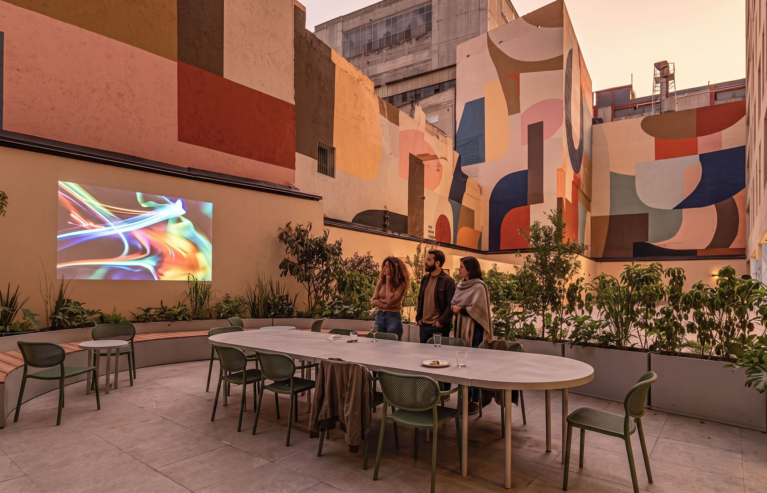 Un área de comedor al aire libre con una mesa grande y sillas, rodeada de follaje y un mural colorido en la pared.
