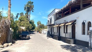 A cobblestone street lined with palm trees and buildings with thatched roofs. - Studio Yuca - at Loreto 80 downtown  (Loreto)