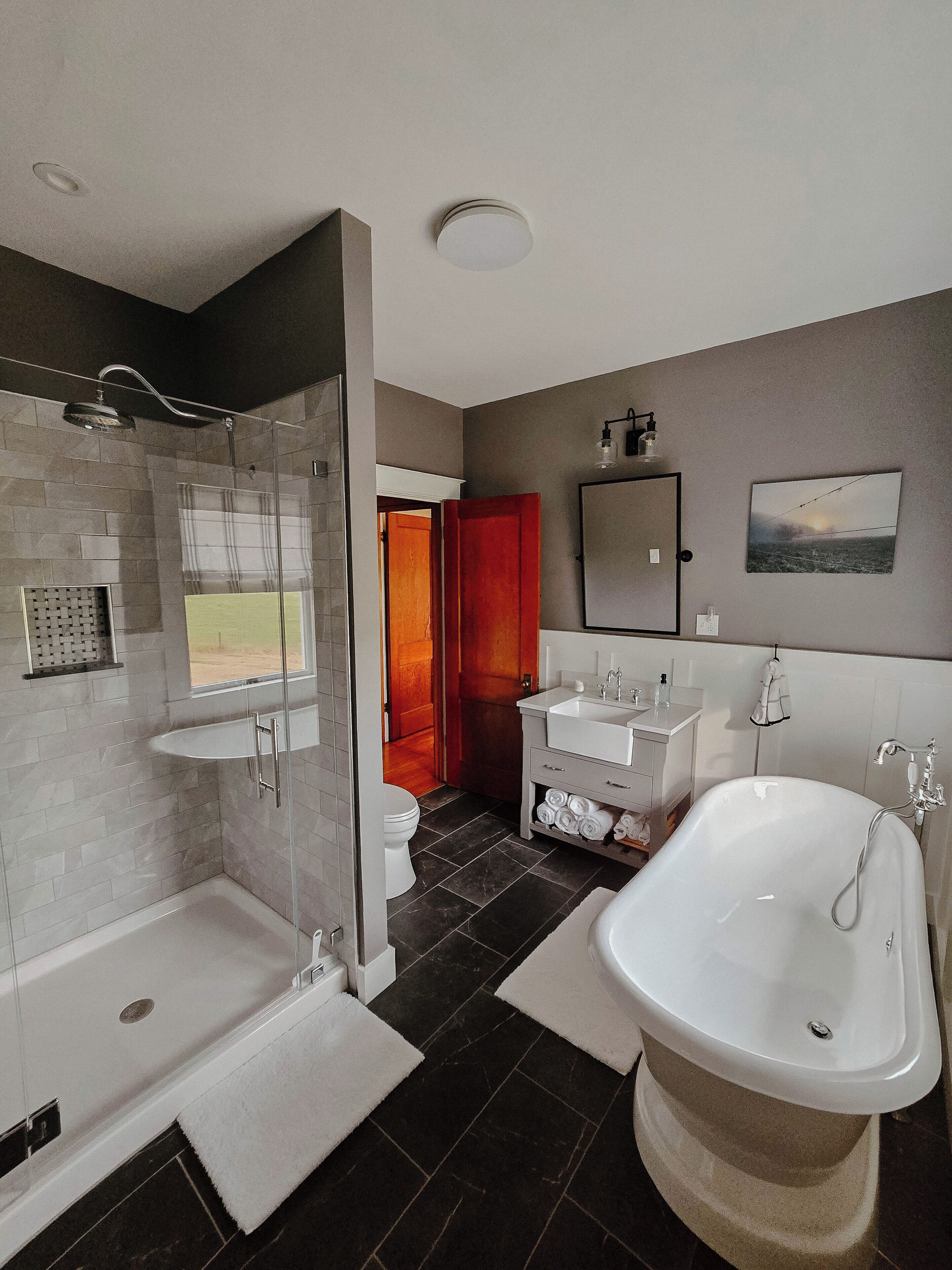 Hair dryer, towels, soap, shampoo