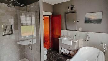 Hair dryer, towels, soap, shampoo