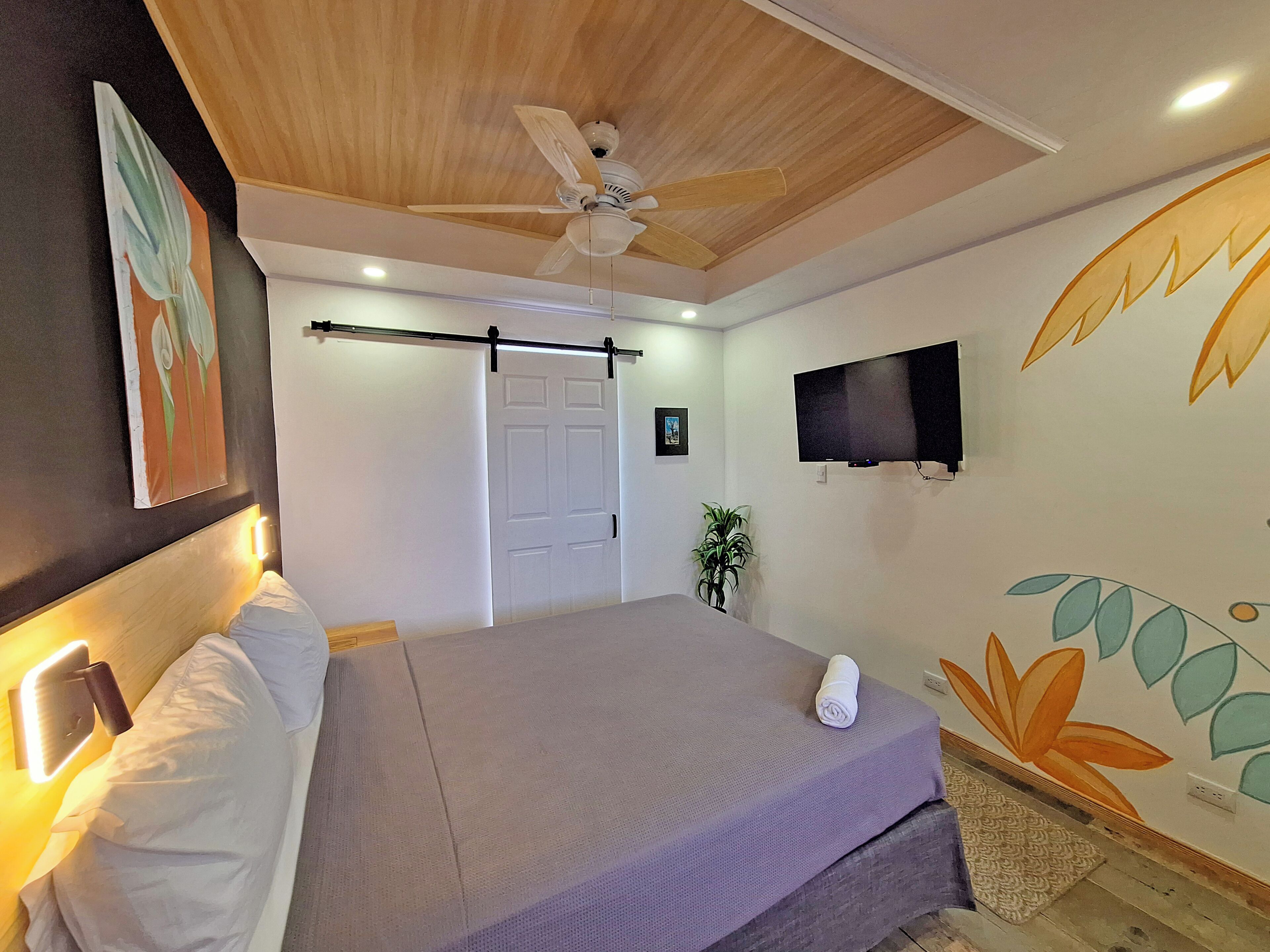 A bedroom with a bed, a ceiling fan, a TV, and a door.