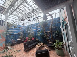 Amplio espacio interior con techo alto, destacando plantas, diferentes disposiciones de asientos y un ventanal que deja entrar luz natural.