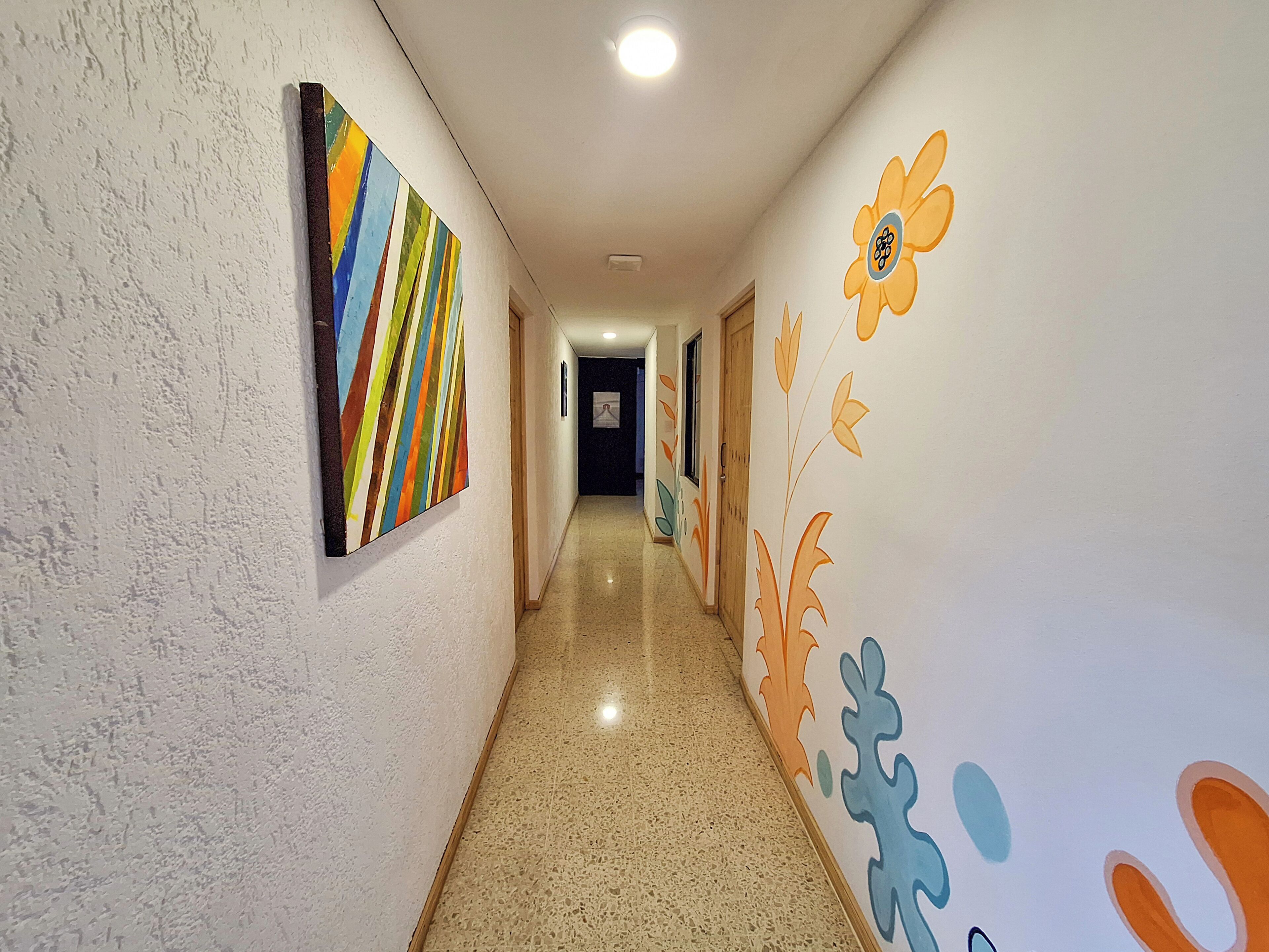 A hallway with colorful wall art, a polished floor, and a wooden door at the end.