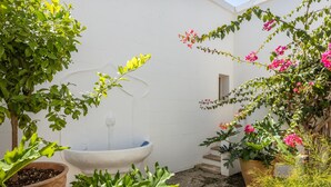 A courtyard with a white wall, a large planter, and various potted plants. - Appartamento Cappero - Torre Vado (Torre vado)