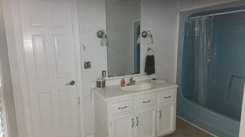 Hair dryer, towels, soap, toilet paper