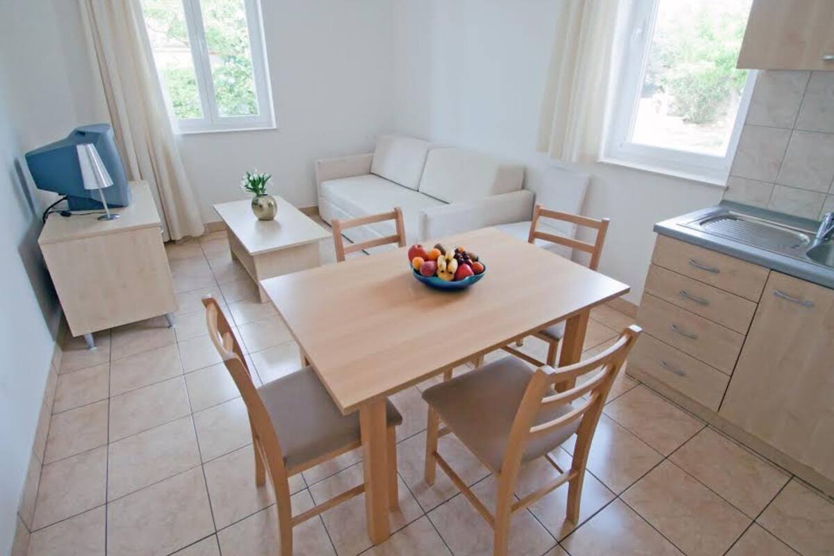 A bright, modern living room with a wooden dining table, two sofas, a small TV, and a kitchen area with a sink and cabinets.