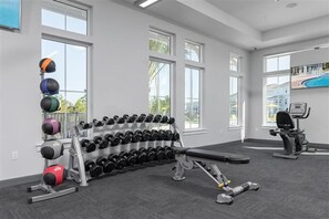 Une salle de sport équipée d’un banc de développé couché, d’haltères et de ballons d’exercice.