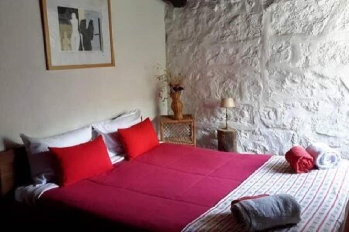 A bedroom with a stone wall, a bed with red bedding, a bedside table with a lamp, and a framed picture on the wall.