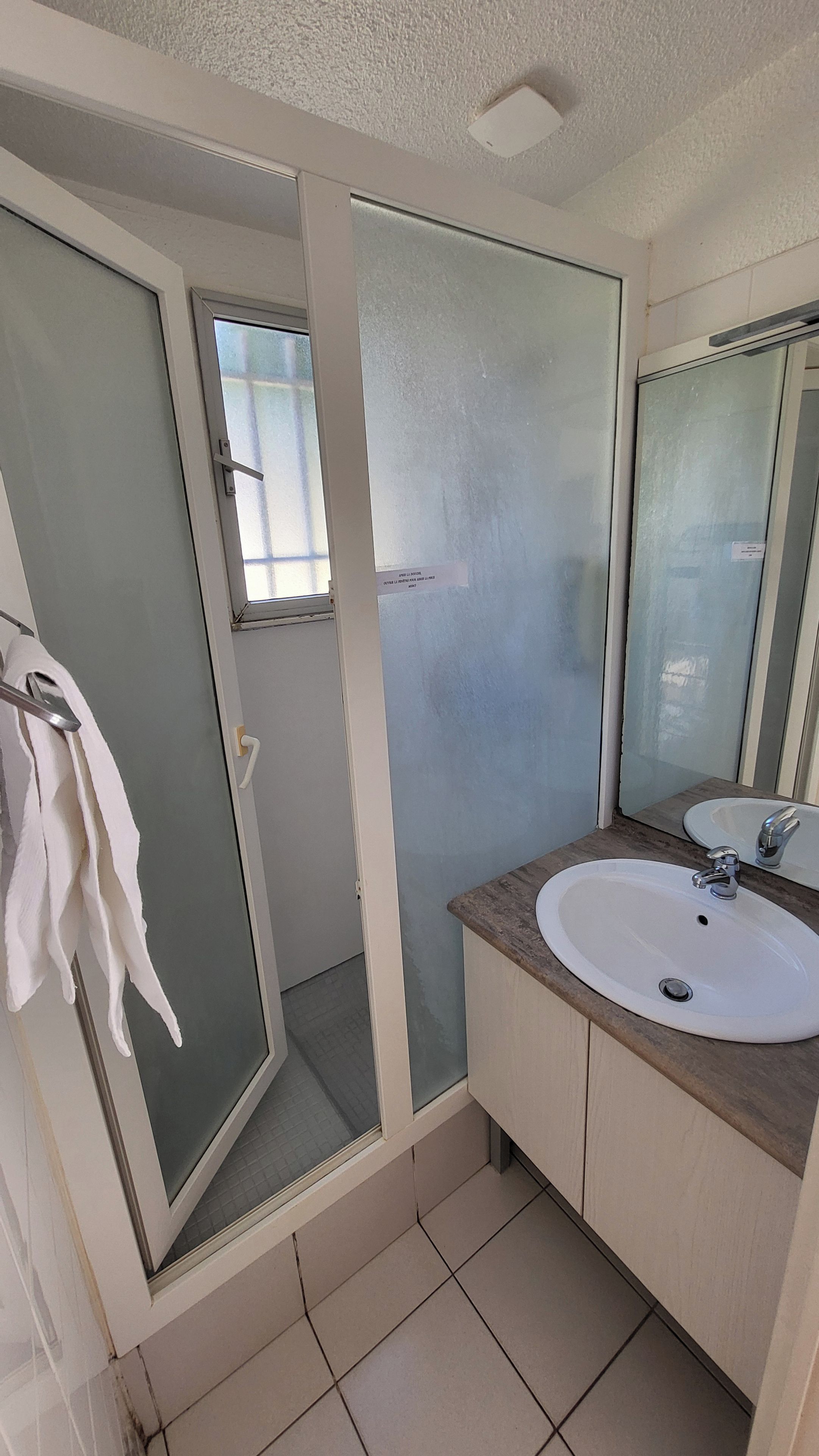 Une salle de bain avec une douche à parois de verre, un lavabo blanc et un miroir.