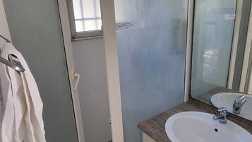 Une salle de bain avec une douche à parois de verre, un lavabo blanc et un miroir.