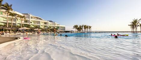 Outdoor pool, pool umbrellas, pool loungers