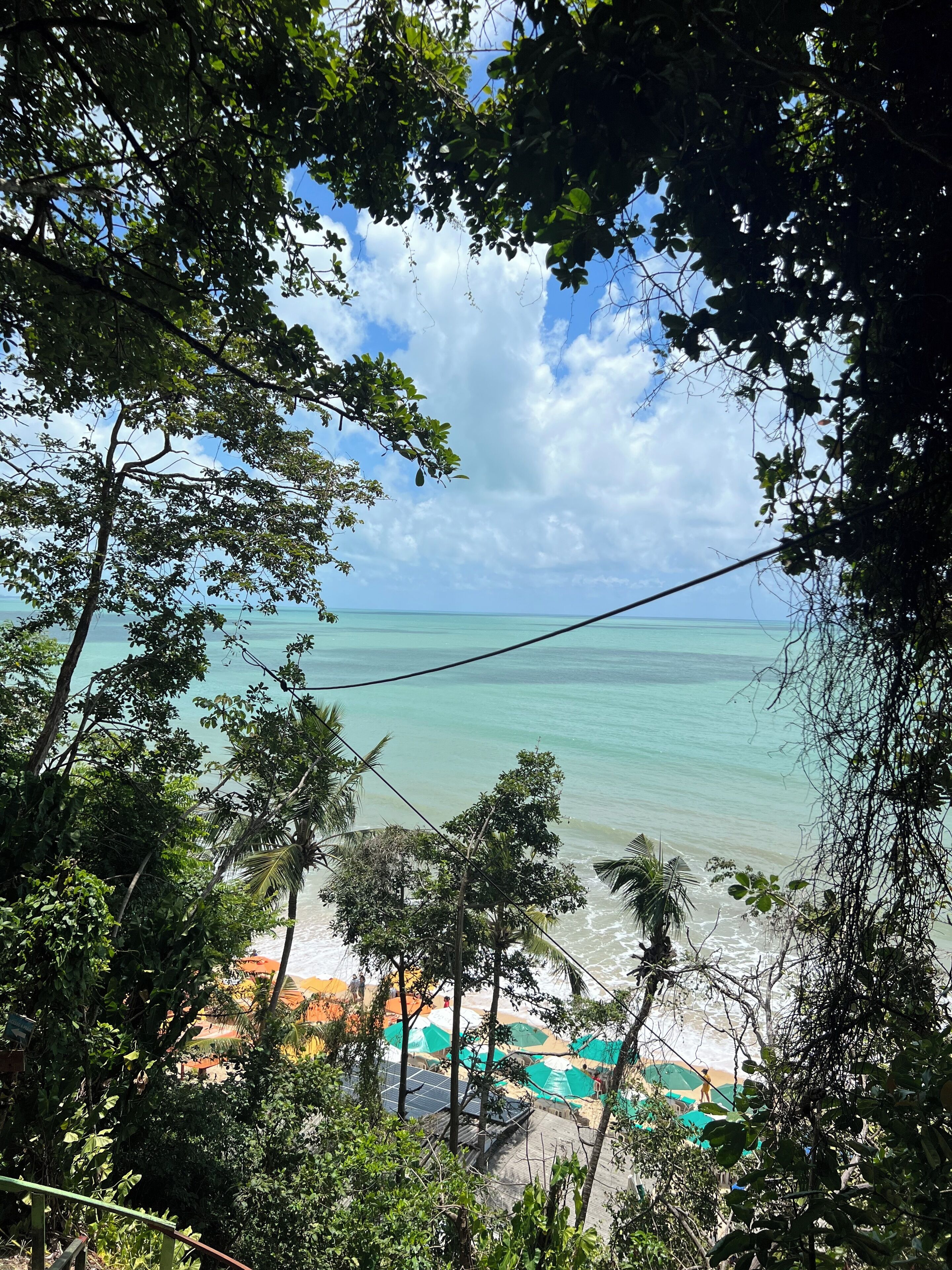 Ein Strand mit klarem türkisblauem Wasser, Palmen und Strandsonnenschirmen.
