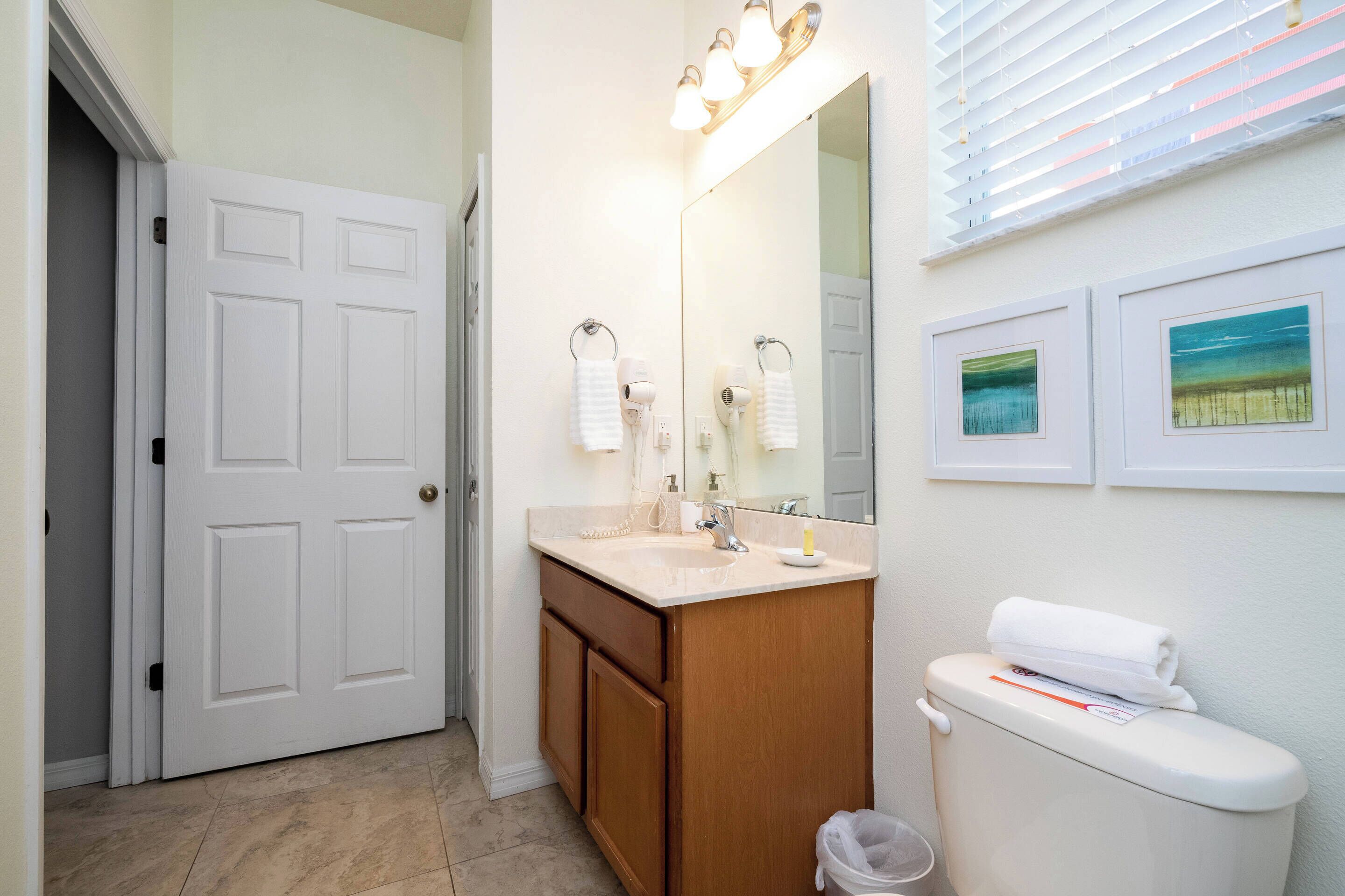 Une salle de bain avec une porte blanche, un meuble-lavabo avec un miroir, des toilettes et deux tableaux encadrés accrochés au mur.