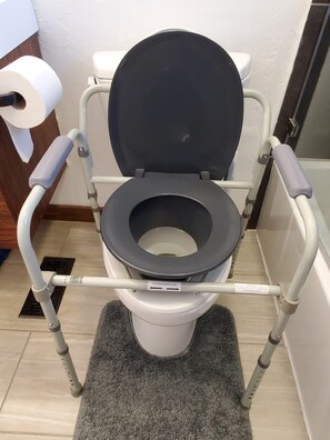 A wheelchair-accessible toilet with a black seat and a side handle, a roll of toilet paper, and a grey floor mat.