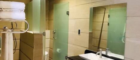 A modern bathroom with a glass shower enclosure, a white sink, and a mirror above it.