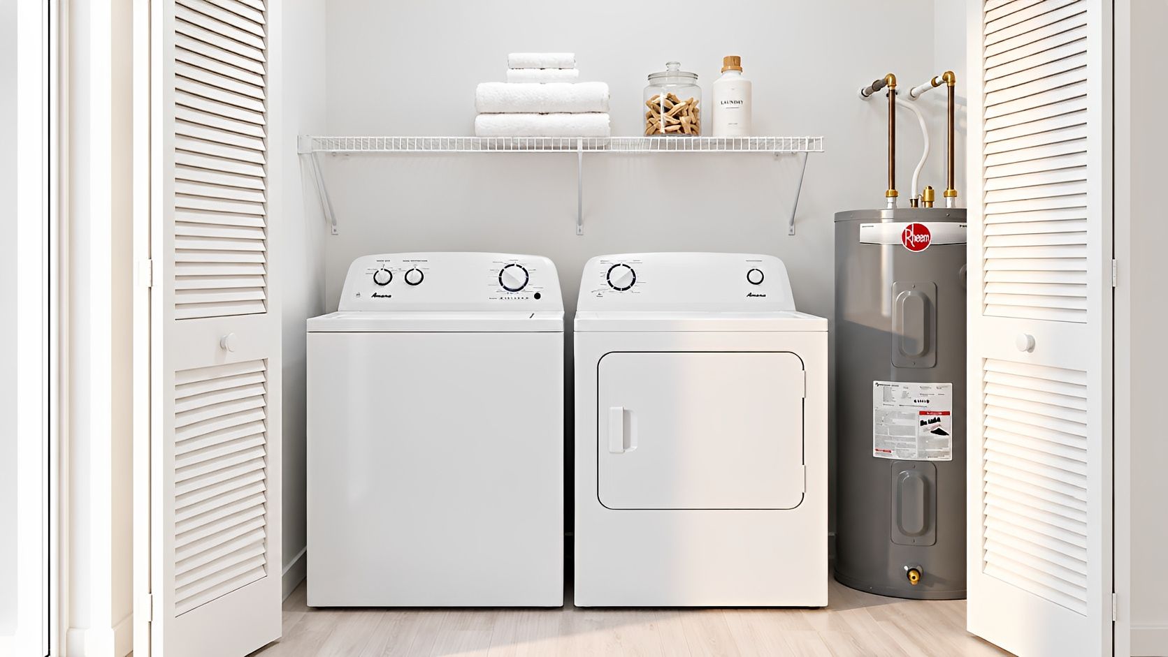 A laundry room with two front-loading washing machines, a dryer, and a water heater.