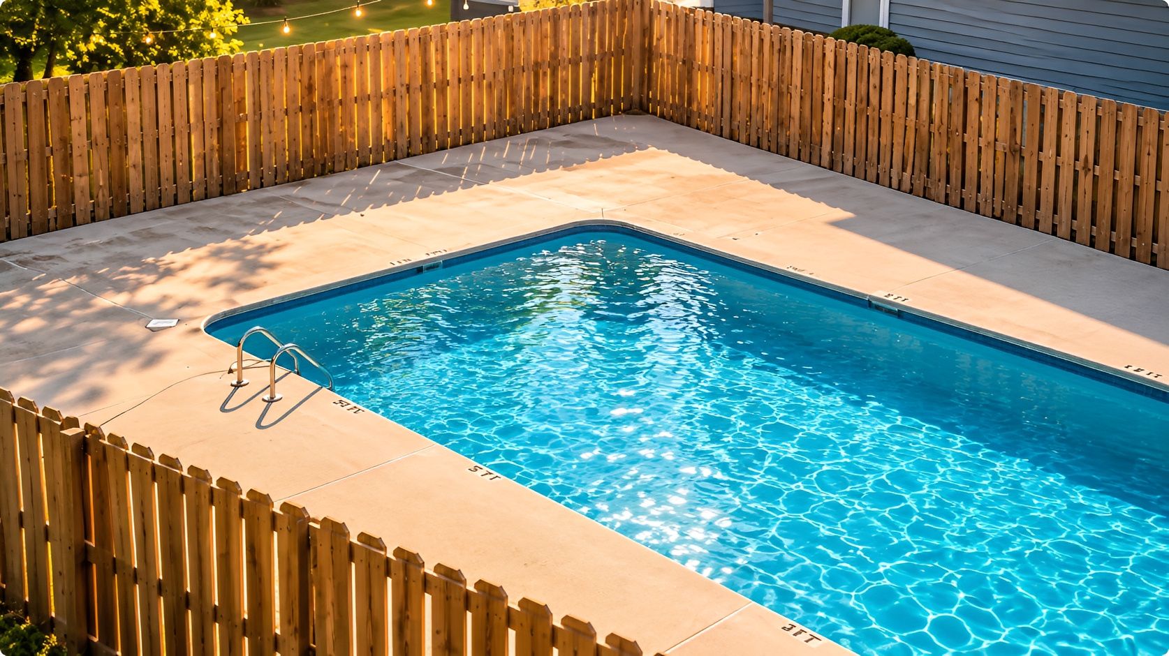 A rectangular swimming pool with a wooden deck surrounding it.