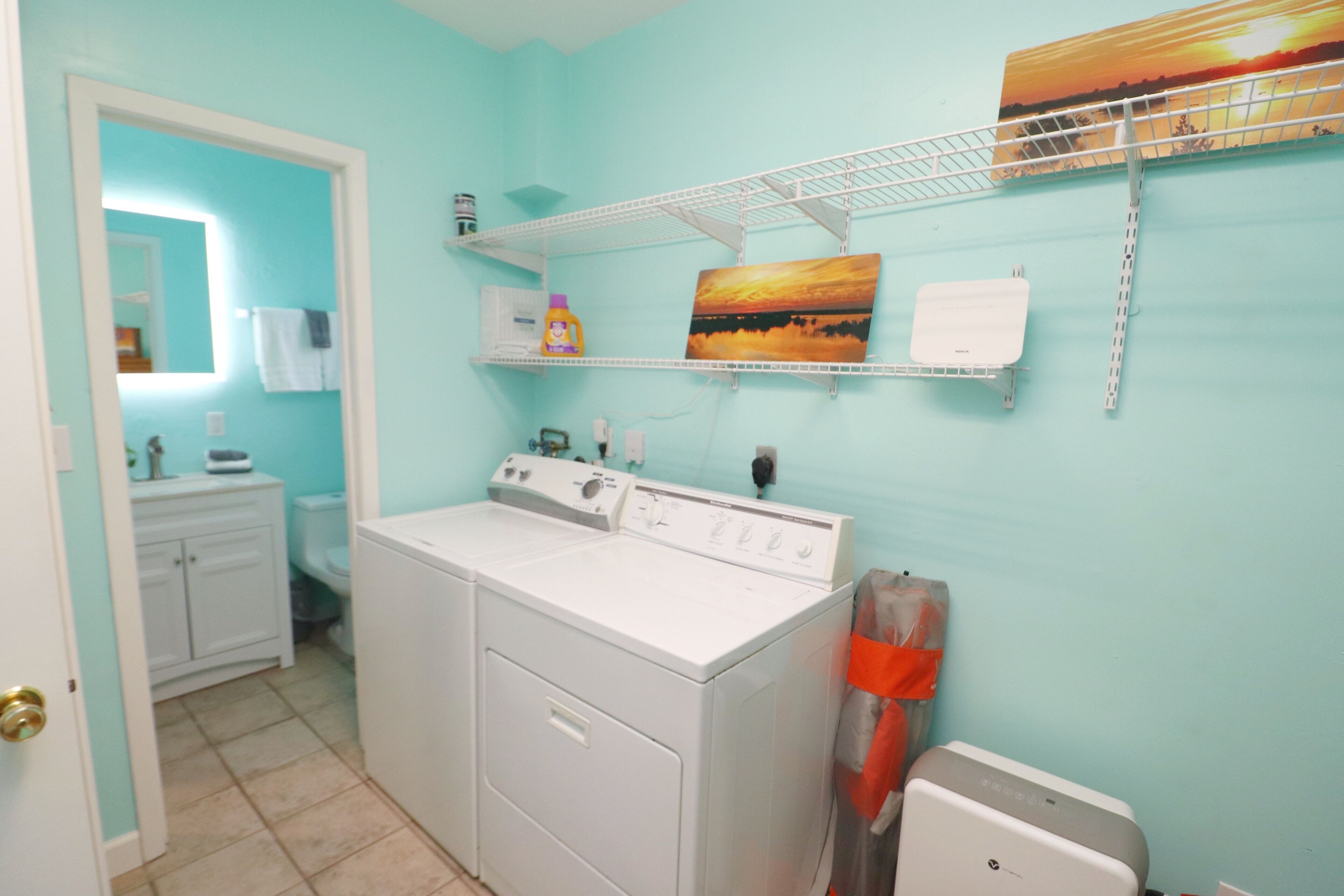A laundry room with a washer and dryer, a shelf with cleaning supplies, and a painting on the wall.