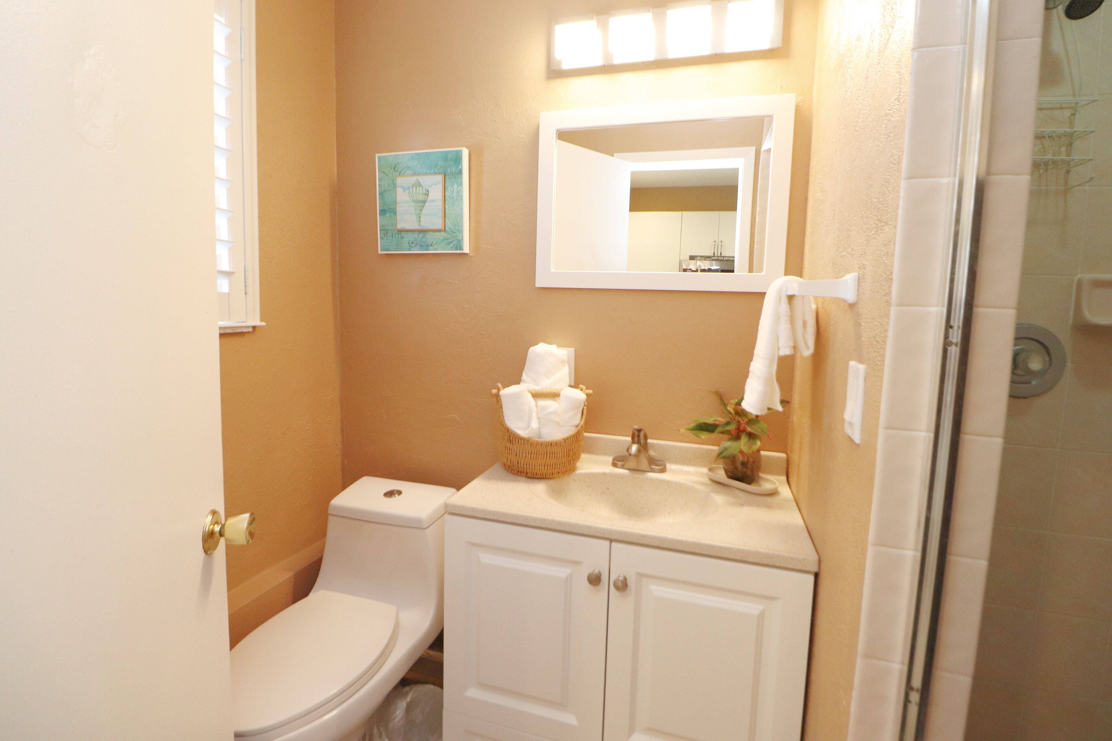 A bathroom with a toilet, sink, and mirror.