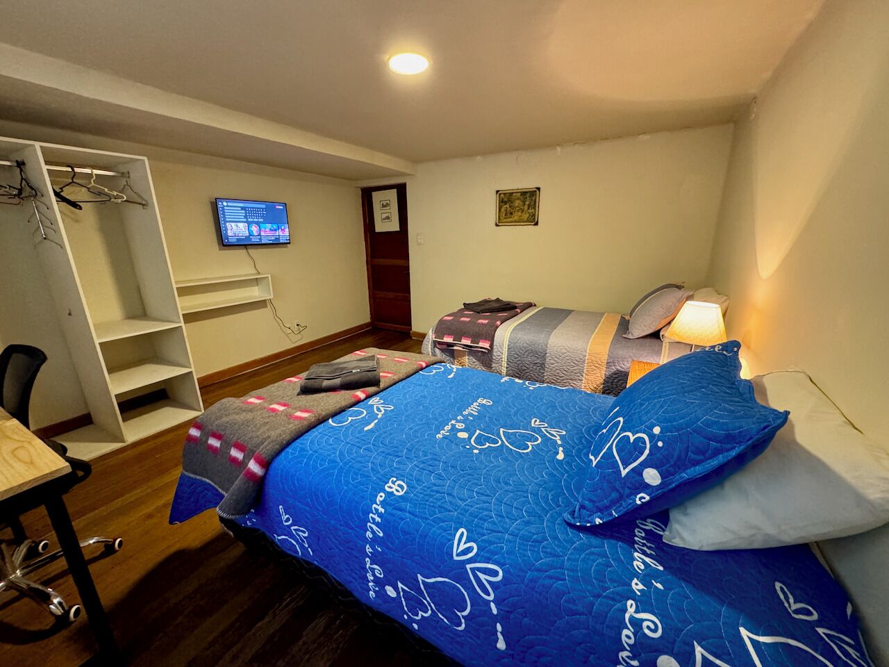 A bedroom with a bed, a desk, a chair, a TV, and a wardrobe.