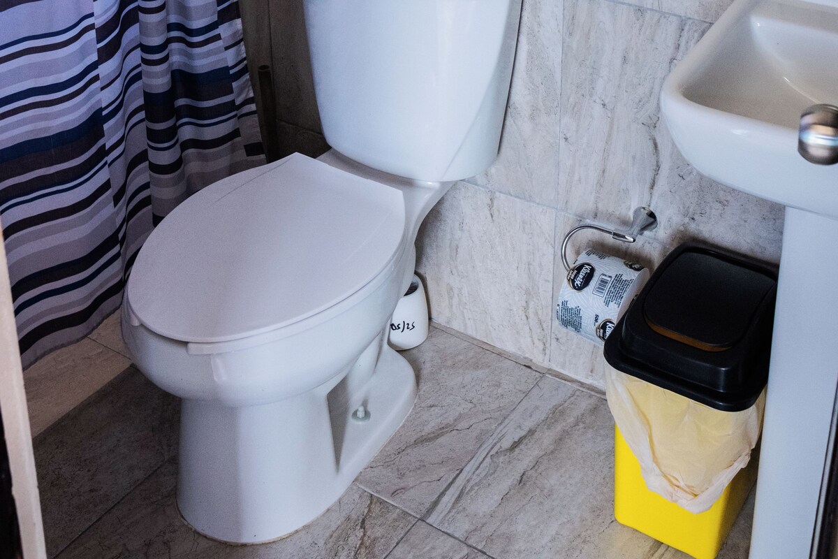 A bathroom with a toilet, a bidet, a trash bin, and a shower curtain.