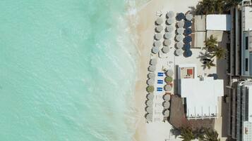 An aerial view of a beachside hotel with a row of umbrellas and lounge chairs, a building with a flat roof, and palm trees.