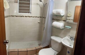 Hair dryer, towels, soap, shampoo
