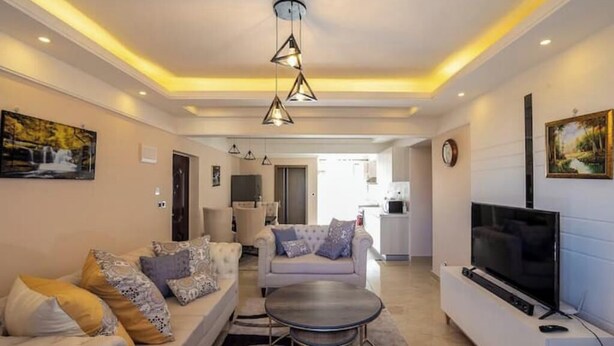 Una sala de estar moderna con un sofá, una mesa de centro, un televisor e iluminación colgante.