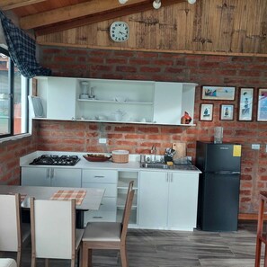 Fridge, microwave, stovetop, electric kettle