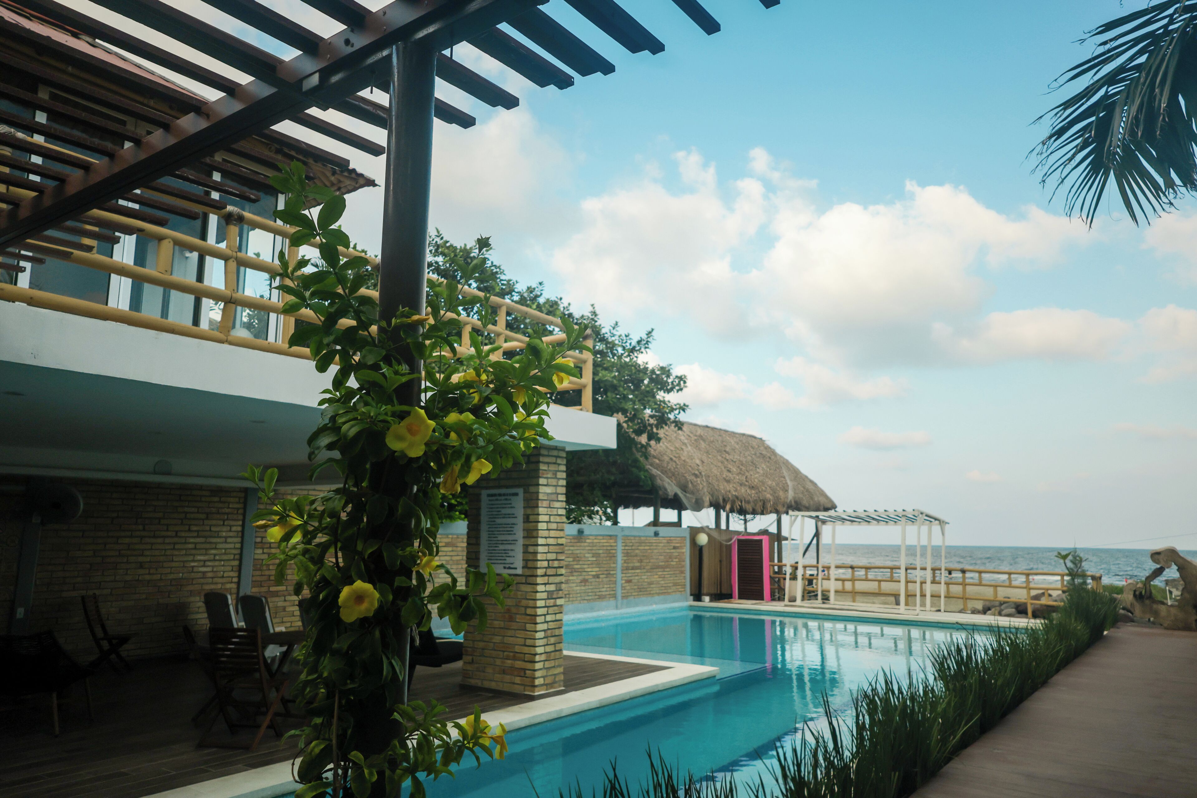 Alberca al aire libre, sombrillas en la alberca y camastros 