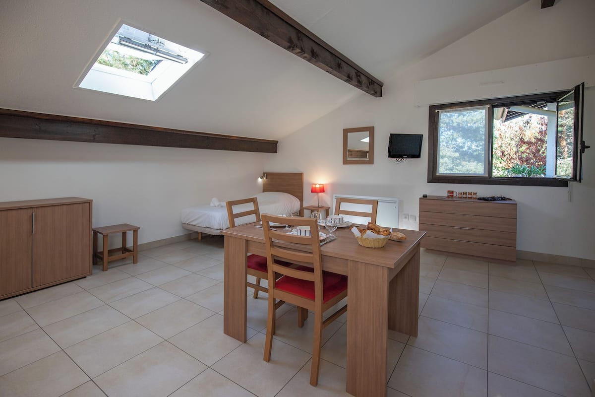 A room with a dining table, chairs, a bed, a TV, and a window.