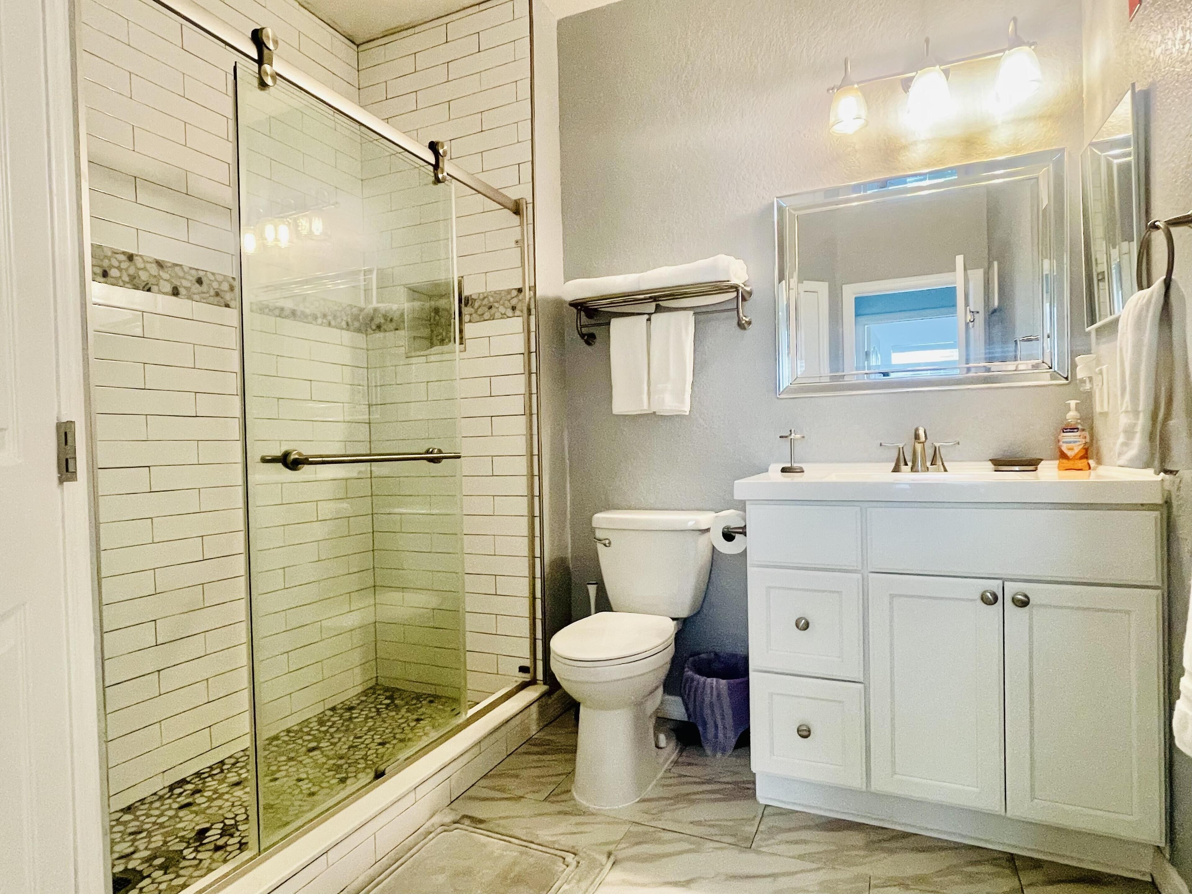 A bathroom with a glass-enclosed shower, a toilet, and a vanity with a mirror.