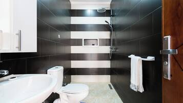 Shower, towels, soap, shampoo