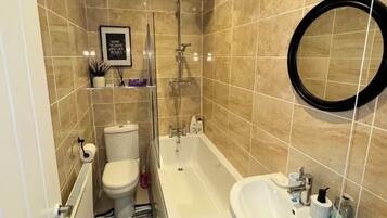 Hair dryer, towels, soap, toilet paper