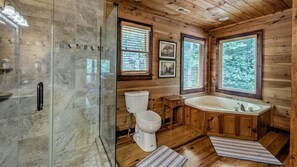 Shower, jetted tub, hair dryer, towels