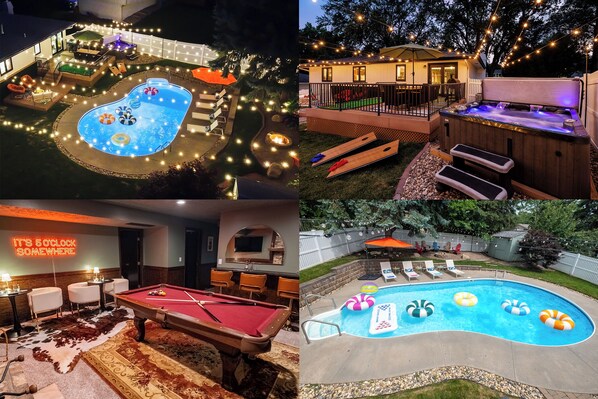 A pool area with lights, a hot tub, and a pool table. - Omaha Oasis! Pool, Hot Tub, Mini Golf, Bar, Games (Omaha)