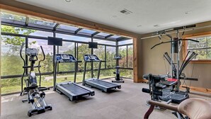 A gym with treadmills, weight machines, and a rowing machine, large windows, and a view of trees. - New Home in Trophy Run with Private Hot Tub & Firepit, Near Taneycomo & Table Rock, Free Tickets (Branson)